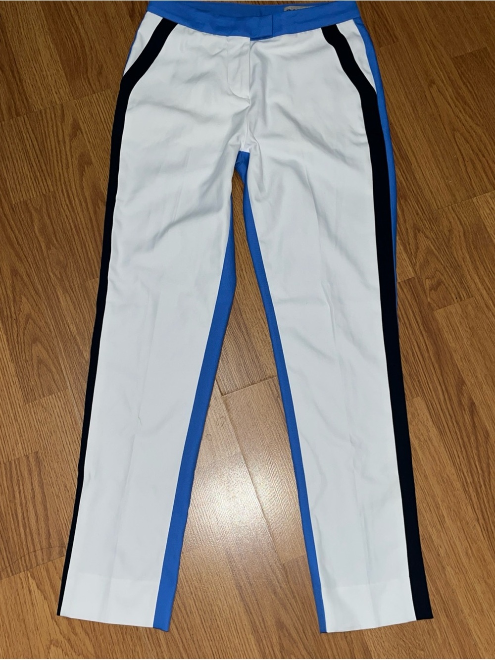 G/FORE White Polo with Bright Blue Collar and Black Stripe